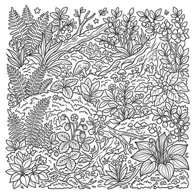Immerse yourself in the delicate world of the forest floor with this captivating coloring page, rich with ferns, wild berries, and hidden fungi. Perfect for nature lovers, this intricate design offers a peaceful escape and a chance to bring lush botanicals to life with your chosen colors.