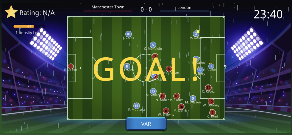 Football Referee Lite - Soccer match simulation screen in Football Referee Lite showing a goal notification and VAR decision button