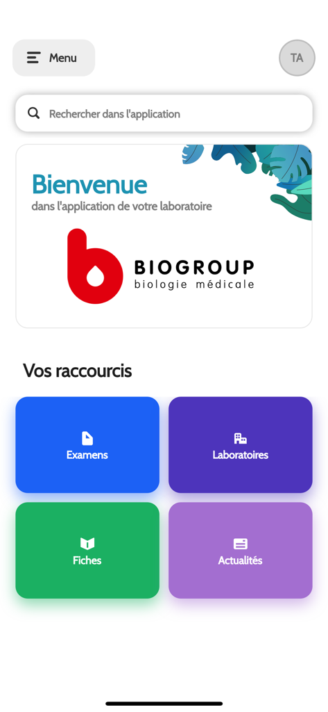 Biogroup - The home dashboard of the Biogroup medical app featuring shortcuts to medical exams and laboratories