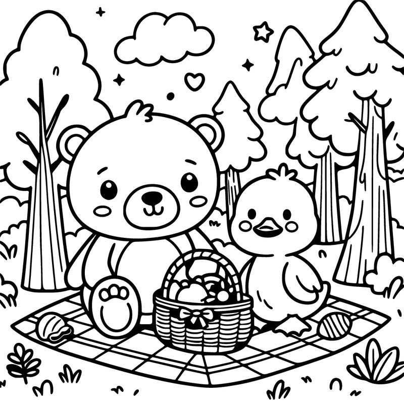 cute little bear and little duck sitting in the forest enjoying a picnic