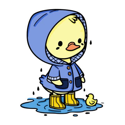 baby duck in a rain coat and boots, in a puddle while it’s raining