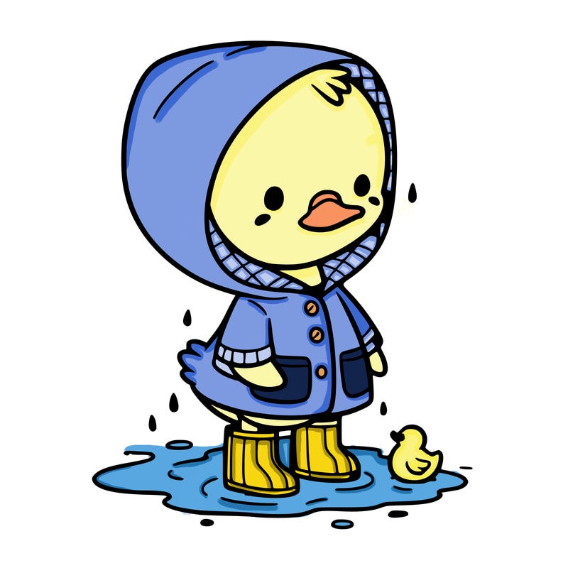 baby duck in a rain coat and boots, in a puddle while it’s raining