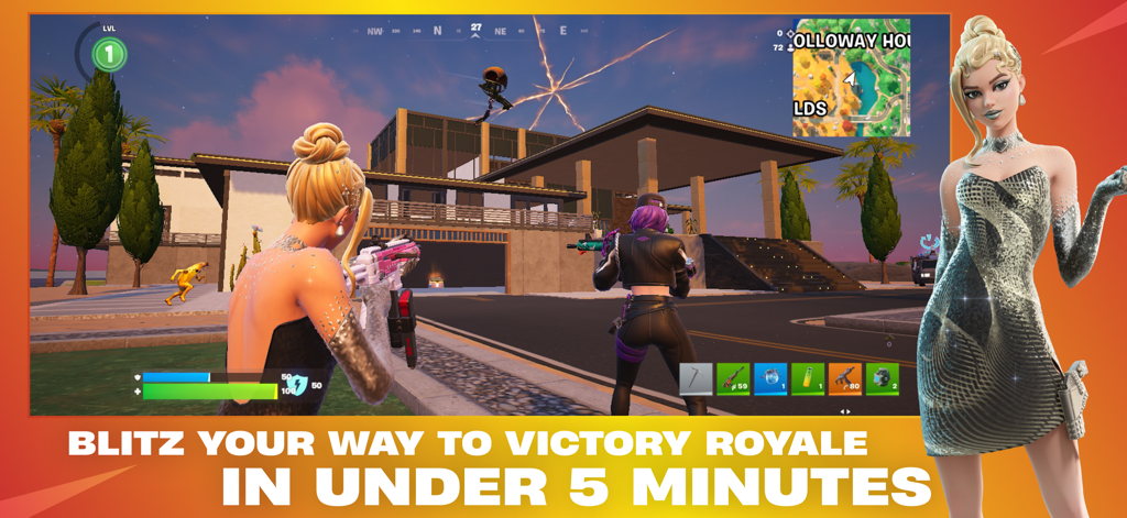 Fortnite - Captura de pantalla del juego de Fortnite mostrando el modo Blitz con una skin de personaje femenina con un vestido brillante