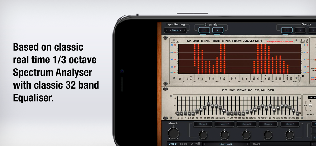SA60 - SA60 mobile app interface featuring a real time spectrum analyzer and a 32 band graphic equalizer on a smartphone screen