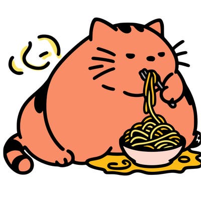 fat cat eating spaghetti