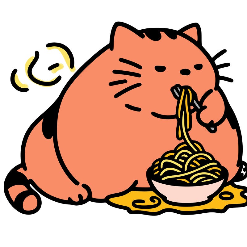fat cat eating spaghetti