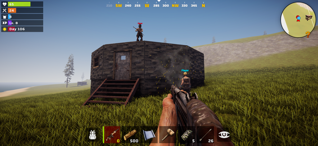 Just Survival Multiplayer - First person perspective of a player raiding a stone base in Just Survival Multiplayer.
