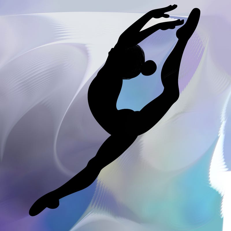 gymnast doing a leap in a leotard with a bent back leg