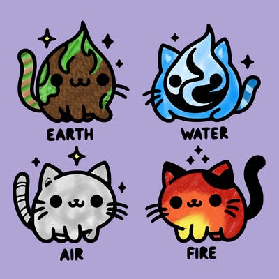 4 cats that represent the different elements, earth, water, air, and fire