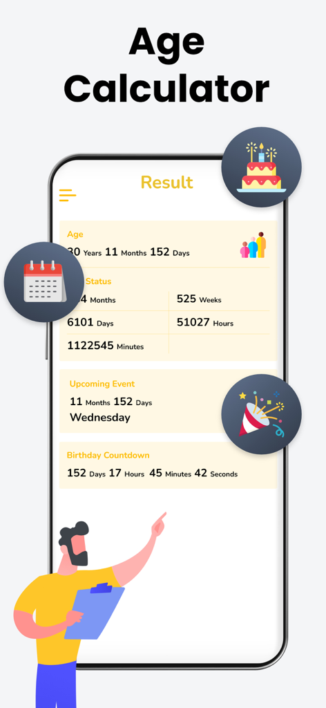 Age Calculator - Date of Birth - Age Calculator app interface displaying precise age results and a birthday countdown timer.