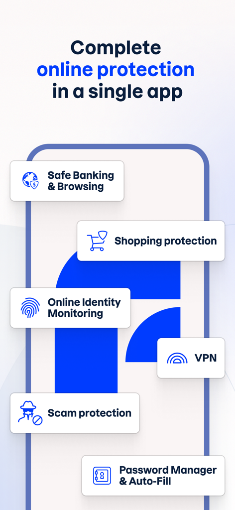 Aplicativo F-Secure exibindo recursos de proteção tudo-em-um, incluindo VPN e transações bancárias seguras