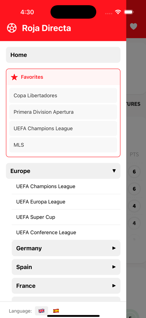 Roja Directa TV - Pantalla del menú de la aplicación Roja Directa TV que muestra ligas de fútbol favoritas como la UEFA Champions League y la MLS