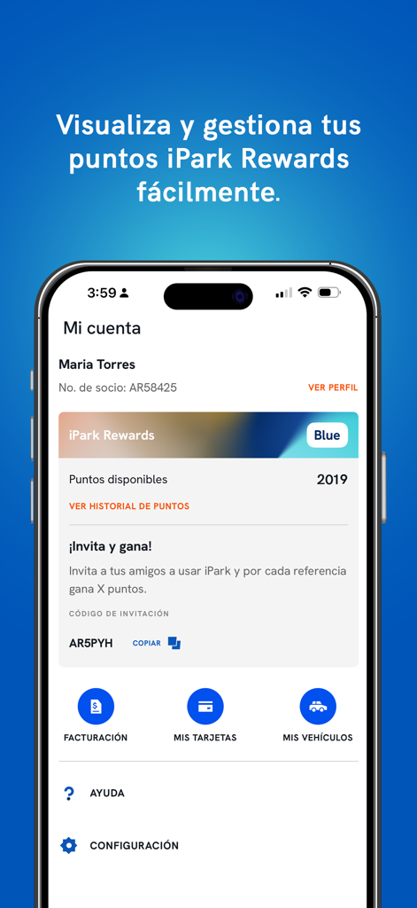 iPark Estacionamientos - iPark Go mobile app account screen showing rewards points balance and profile management options