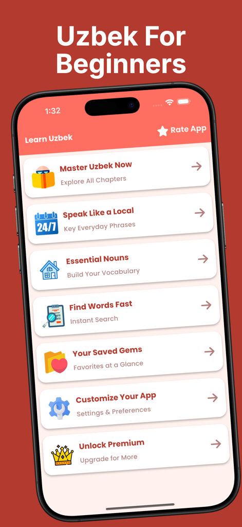 Learn Uzbek: For Beginners - Main menu of the Learn Uzbek For Beginners mobile app