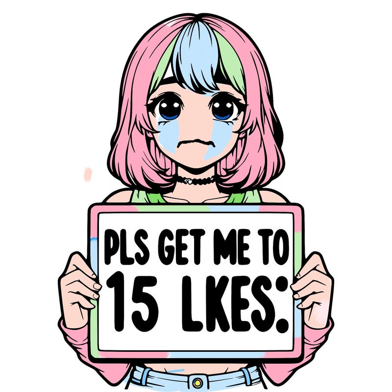 realistic girl holding up a sign that says “pls get me to 15 likes!”