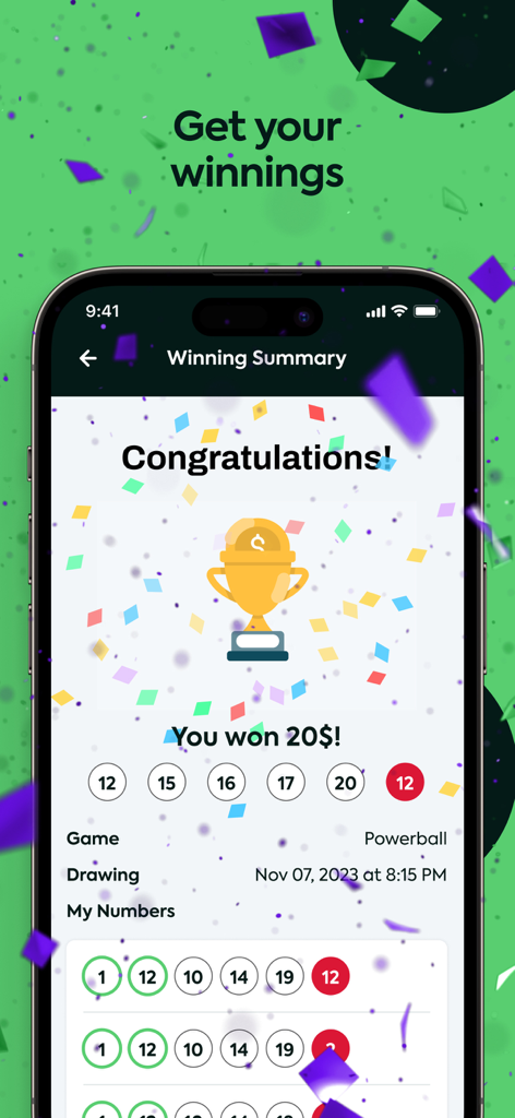 Jackpot Lottery App winning summary screen showing a twenty dollar prize for Powerball