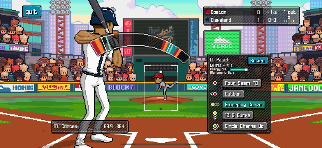 In-game screenshot of Pixel Pro Baseball featuring pixel art graphics of a batter facing a pitcher with pitch selection options