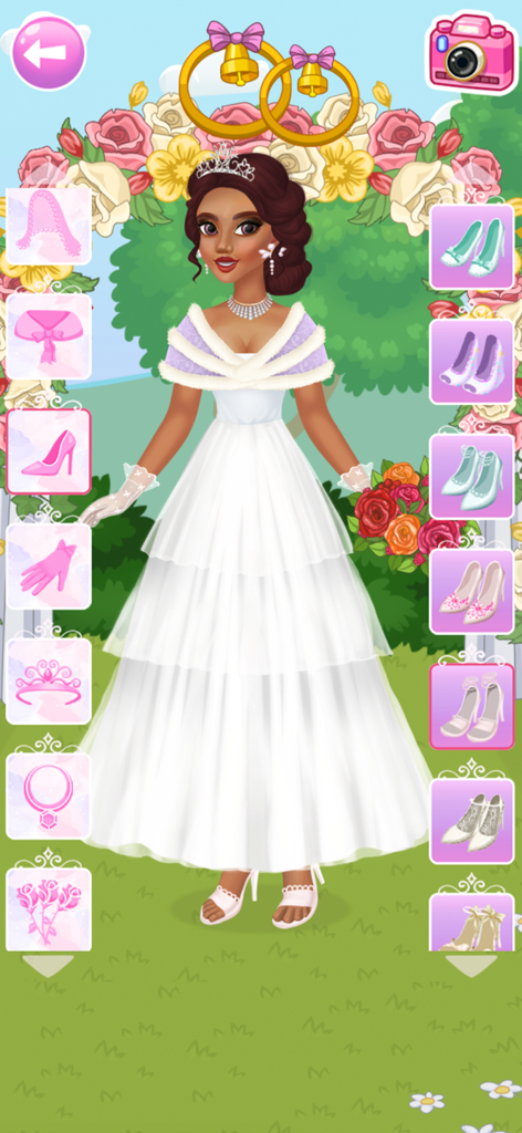 Uma noiva em um vestido branco com camadas e várias opções de sapatos e acessórios de casamento em uma interface de jogo de vestir