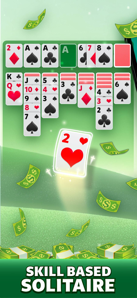 Solitaire - Win Cash - Uma captura de tela de jogo mobile de solitaire baseado em habilidade com cartas clássicas e prêmios em dinheiro flutuantes.