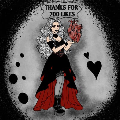 make a goth woman with fangs holding a heart that says thanks for 700 likes above her