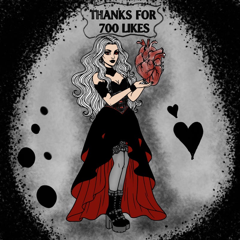 make a goth woman with fangs holding a heart that says thanks for 700 likes above her