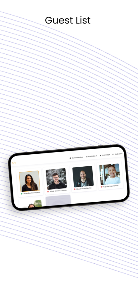 Pantalla de lista de huéspedes en la aplicación móvil PassportScan Cloud mostrando perfiles digitales de huéspedes con fotos.