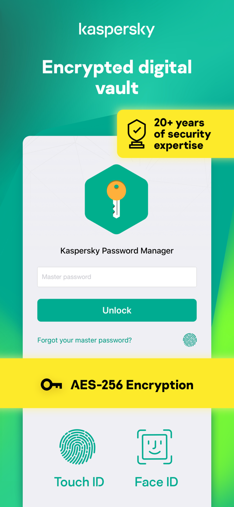 Kaspersky Passwords & Docs - Kaspersky Password Manager app interface showing encrypted digital vault with AES-256 encryption and biometric login options like Face ID and Touch ID