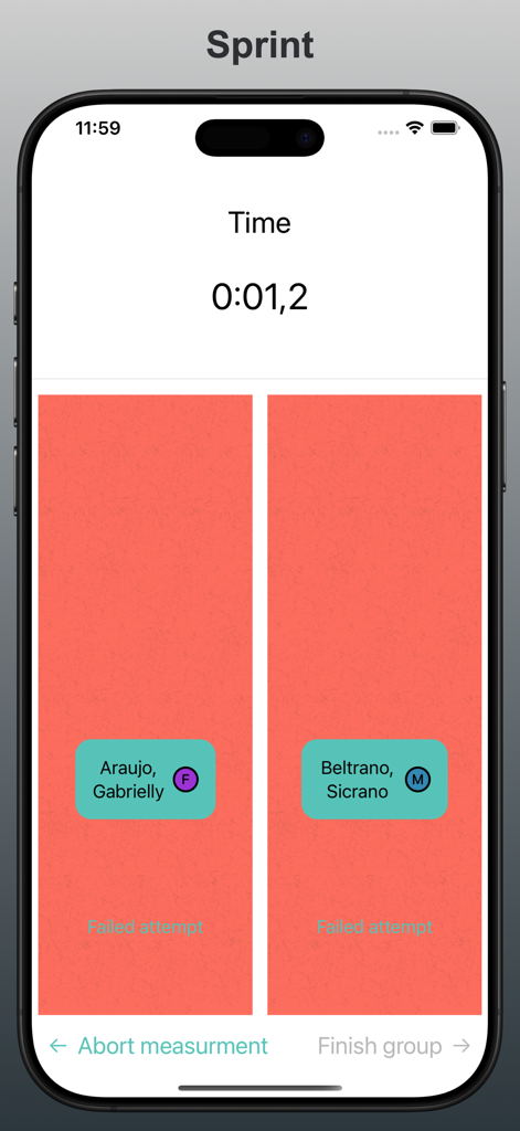 Interfaz de cronometraje de carreras de velocidad en la aplicación Sports Rating Tracker que muestra listas de estudiantes y un cronómetro.
