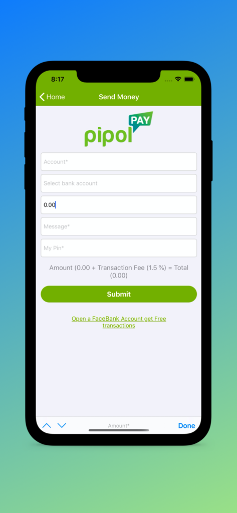 Pantalla de la aplicación móvil Pipol Pay para enviar dinero con campos para la cuenta y el monto