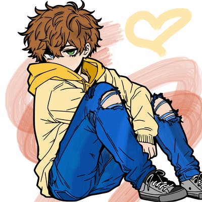 a male hoddie ripped jeans messy hair anime
