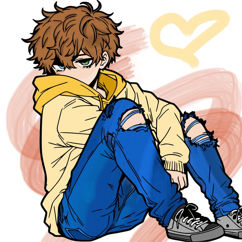 a male hoddie ripped jeans messy hair anime