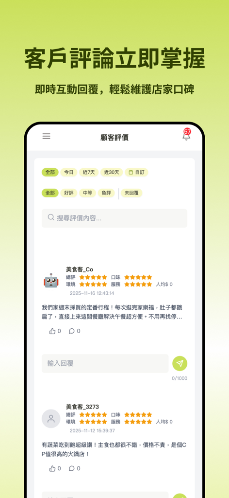 去哪吃商家端 - A mobile dashboard showing customer reviews and a reply interface for restaurant owners in Traditional Chinese.