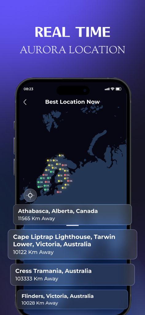 Interfaz de la aplicación Aurora Forecast mostrando un mapa con ubicaciones de auroras en tiempo real y una lista de los mejores lugares de observación en todo el mundo.