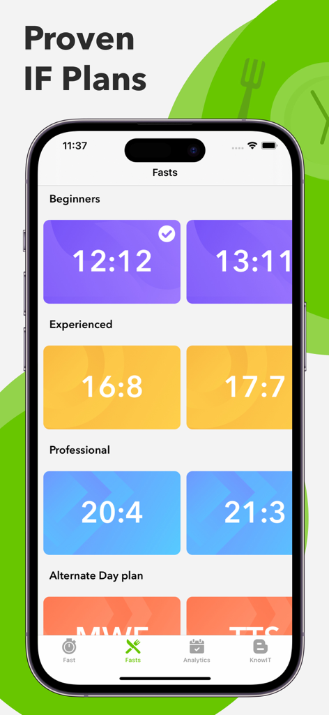 Fast: Intermittent Fasting App - Captura de pantalla de la app de ayuno mostrando varios planes de ayuno intermitente para principiantes, experimentados y profesionales.