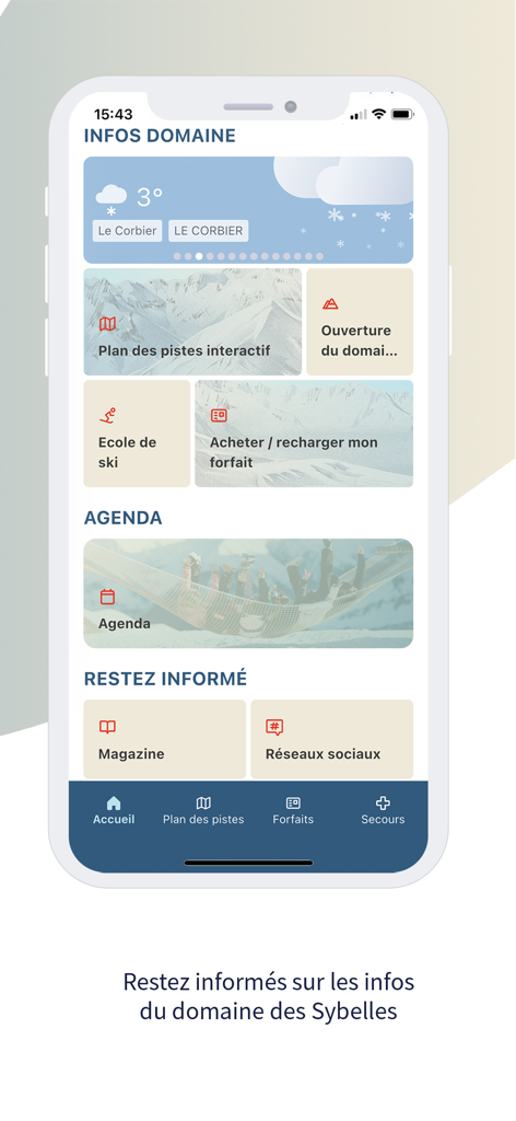 Les Sybelles - Dashboard der Les Sybelles Mobile App mit Informationen zum Skigebiet, Wetter und interaktiven Pistenkarten