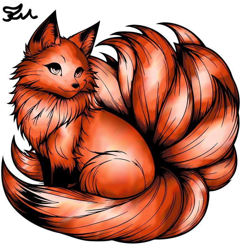 realistic detailed 9 tailed anime fox