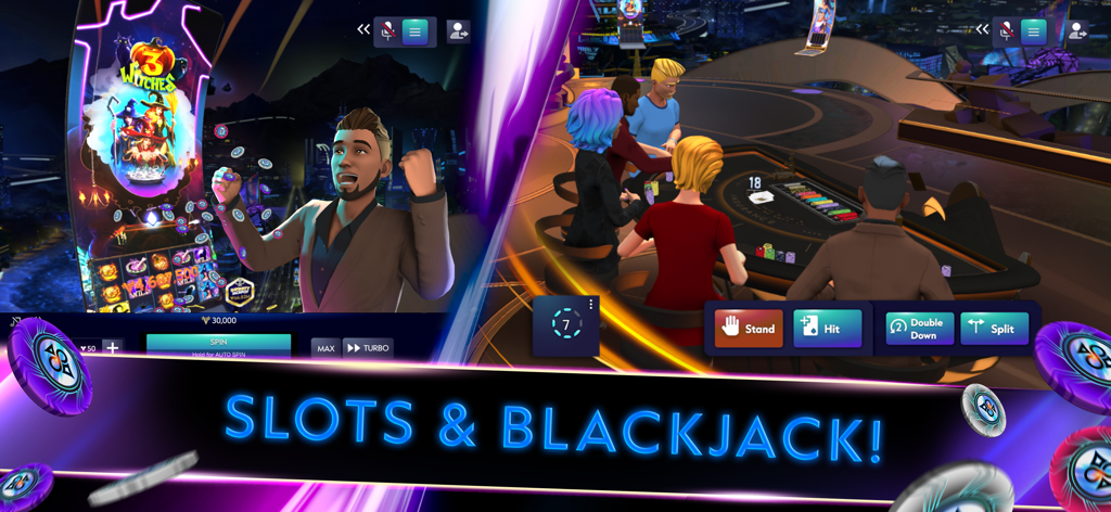 Vegas Infinite by PokerStars - Une vue en écran partagé d'avatars 3D jouant aux machines à sous et une partie de blackjack multijoueur dans un casino virtuel