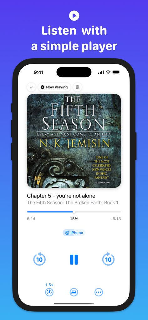 Every Word: Audiobook Player - The playback interface of the Every Word audiobook player app showing controls and a book cover on an iPhone screen