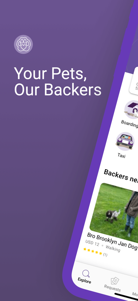 PetBacker app interface showing pet care services and the slogan Your Pets Our Backers
