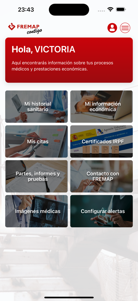Tableau de bord de l'application FREMAP Contigo présentant des outils de gestion de la santé et des finances personnelles pour les travailleurs