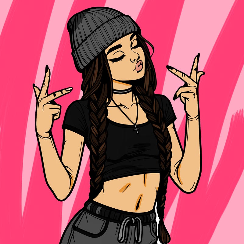 realistic teenage girl with braids and a beanie and crop top doing 🫶🏼