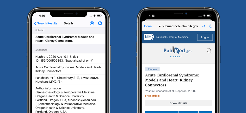 スマートフォンで、医療記事の抄録とそのPubMedウェブビューが表示されているモバイル画面。