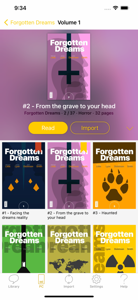 YACReader mobile app interface showing a comic book collection titled Forgotten Dreams with read and import buttons