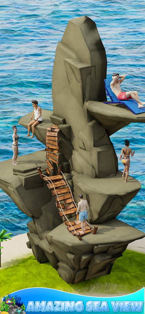 Characters on various levels of a rock formation in the sea from the Flip Diving Master game