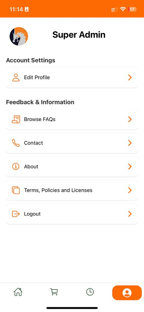 Profile and account settings page of the Yalula app showing admin options