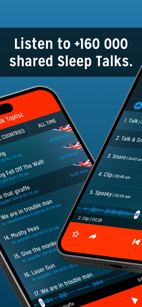 A screenshot of the Sleep Talk Recorder app showing the community toplist of shared sleep talk recordings and popular clips