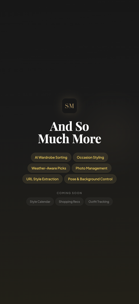 A list of Style Mirror app features including AI wardrobe sorting and occasion styling with a coming soon section