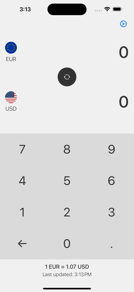 Currency Converter - Exchange! - Interface of the Currency Converter app showing the exchange rate between Euro and US Dollar with a numeric keypad