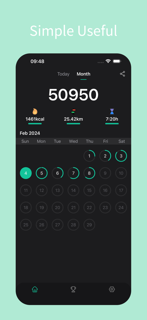 Steps Counter app monthly statistics screen showing total steps and daily activity calendar