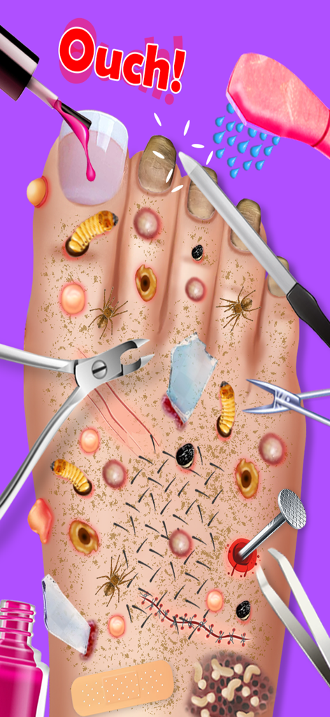 Gameplay of ASMR Doctor showing a foot treatment with medical tools and injuries